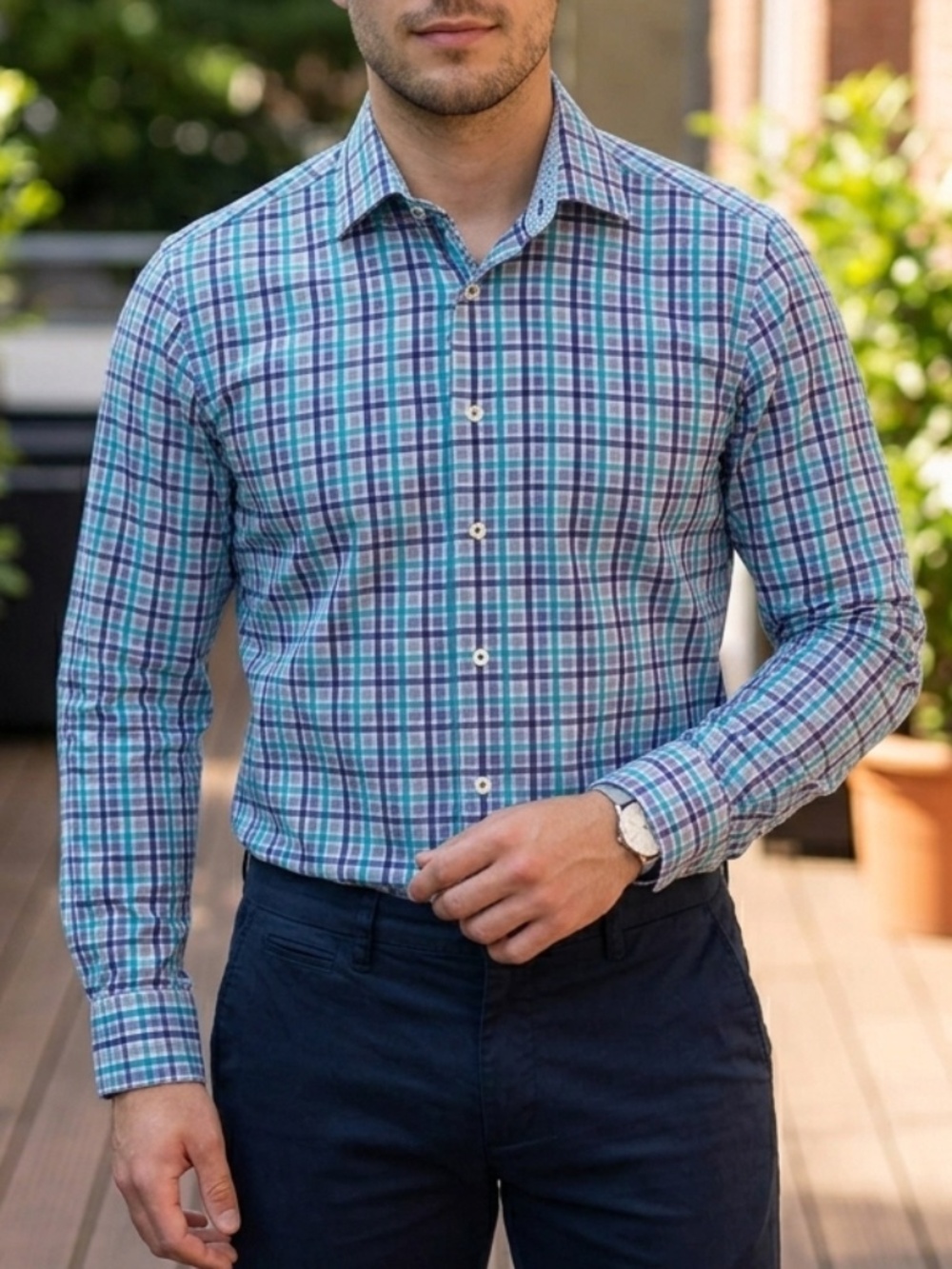 Bugatchi Men’s Blue Plaid Long Sleeve Flip Cuff Button up Shirt